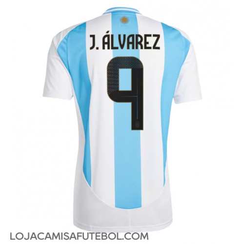 Camisa de Futebol Argentina Julian Alvarez #9 Equipamento Principal Copa America 2024 Manga Curta